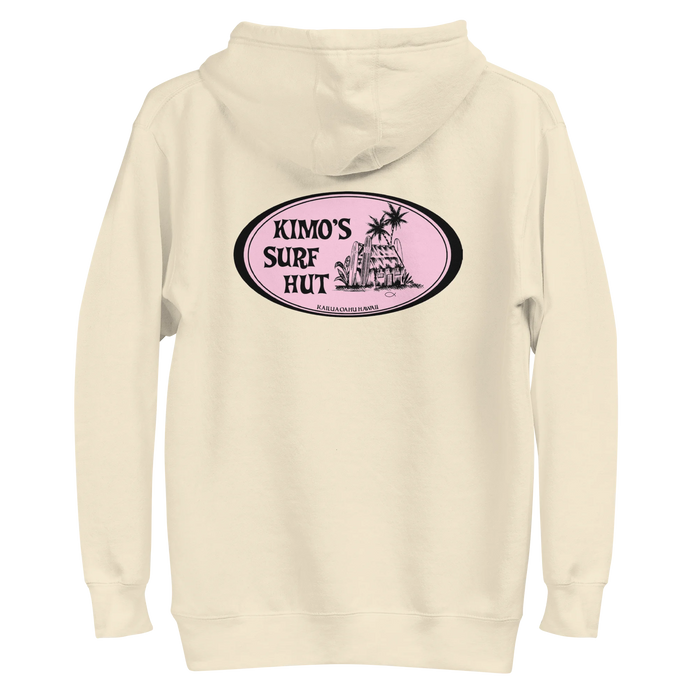 Bone colored 100% cotton comfortable Hoodie with Kimo's Surf Hut Classic Oval Logo in Pink fabulously stylish fit front pocket and hood back view