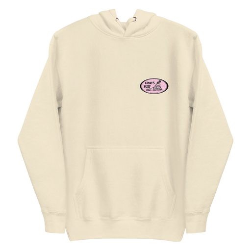 Bone colored 100% cotton comfortable Hoodie with Kimo's Surf Hut Classic Oval Logo in Pink fabulously stylish fit front pocket and hood front view