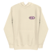 Bone colored 100% cotton comfortable Hoodie with Kimo's Surf Hut Classic Oval Logo in Pink fabulously stylish fit front pocket and hood front view