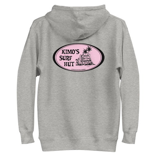 Carbon 100% cotton comfortable Unisex Hoodie with Kimo's Surf Hut Classic Oval Logo in Pink fabulously stylish fit front pocket and hood back view