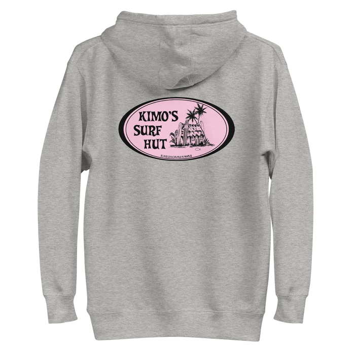 Carbon 100% cotton comfortable Unisex Hoodie with Kimo's Surf Hut Classic Oval Logo in Pink fabulously stylish fit front pocket and hood back view