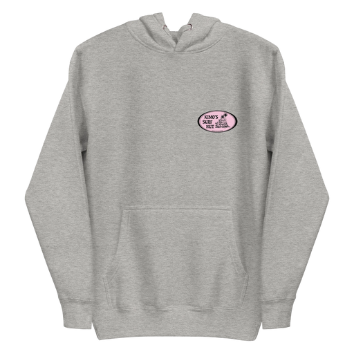 Carbon 100% cotton comfortable Unisex Hoodie with Kimo's Surf Hut Classic Oval Logo in Pink fabulously stylish fit front pocket and hood front view