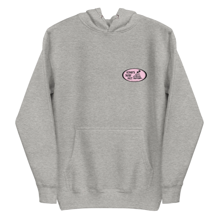 Carbon 100% cotton comfortable Unisex Hoodie with Kimo's Surf Hut Classic Oval Logo in Pink fabulously stylish fit front pocket and hood front view