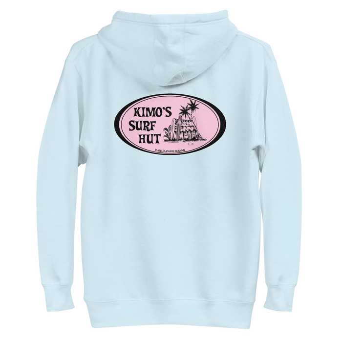 Lite Blue 100% cotton Unisex Hoodie with Kimo's Surf Hut Classic Oval Logo in Pink fabulously stylish fit front pocket and hood back view