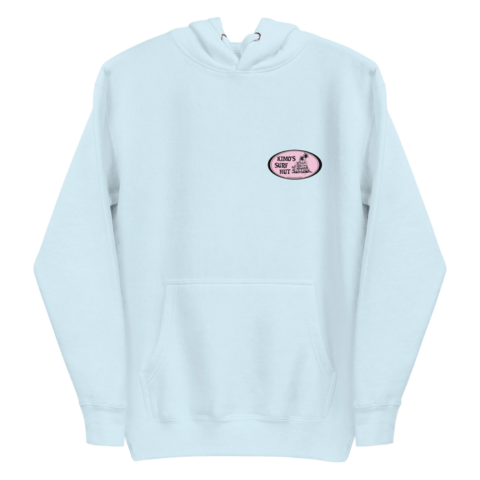 Lite Blue 100% cotton Unisex Hoodie with Kimo's Surf Hut Classic Oval Logo in Pink fabulously stylish fit front pocket and hood front view