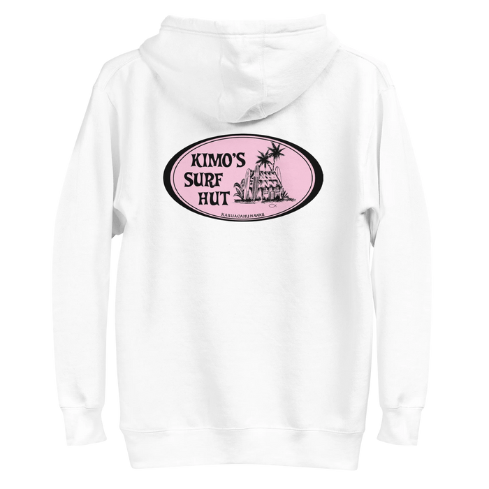 White 100% cotton comfortable Unisex Hoodie with Kimo's Surf Hut Classic Oval Logo in Pink fabulously stylish fit front pocket and hood back view