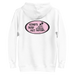 White 100% cotton comfortable Unisex Hoodie with Kimo's Surf Hut Classic Oval Logo in Pink fabulously stylish fit front pocket and hood back view