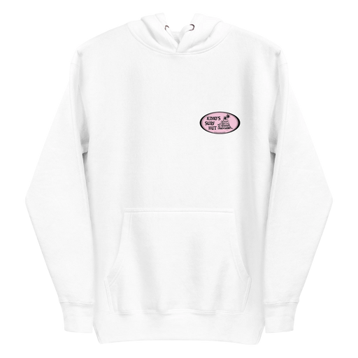 White 100% cotton comfortable Unisex Hoodie with Kimo's Surf Hut Classic Oval Logo in Pink fabulously stylish fit front pocket and hood front view