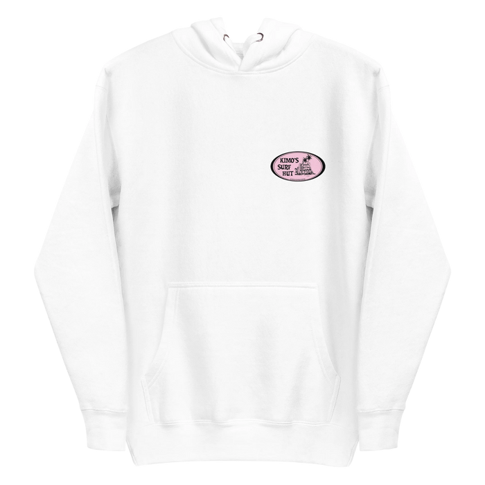 White 100% cotton comfortable Unisex Hoodie with Kimo's Surf Hut Classic Oval Logo in Pink fabulously stylish fit front pocket and hood front view
