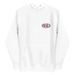 White 100% cotton comfortable Unisex Hoodie with Kimo's Surf Hut Classic Oval Logo in Pink fabulously stylish fit front pocket and hood front view
