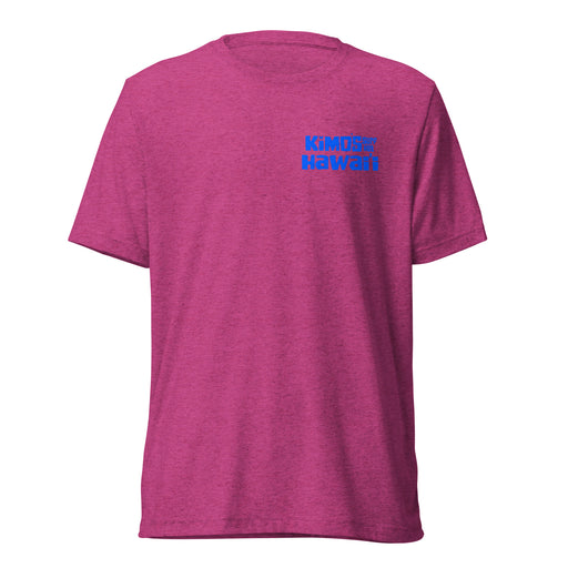 Kimo's Surf Hut in Hawai'i printed in blue on the front left pocket area of this berry tri-blend fabric which creates a cool, surfer look.