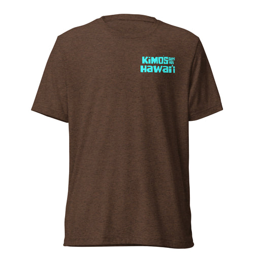 Kimo's Surf Hut in Hawai'i printed in aqua on the front left pocket area of this tri-blend brown fabric which creates a cool, surfer look.