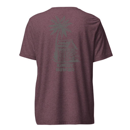 Kimo's Surf Hut Hawai'i below a palm tree and old hut filled with surfboards printed in carbon on maroon triblend short sleeve t-shirt back view.