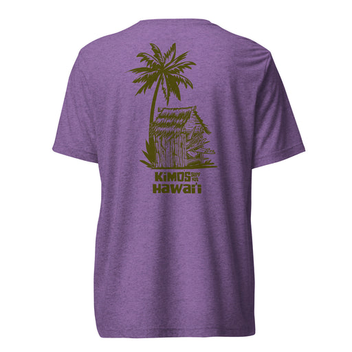 Kimo's Surf Hut Hawai'i below a palm tree and old hut filled with surfboards printed in gold on purple triblend short sleeve t-shirt back view.