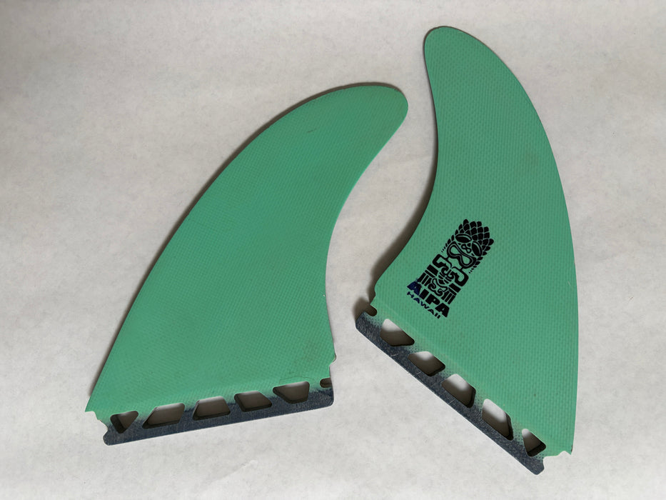 Used Akila Aipa Futures Twin Fin set of two surfboard fins in teal and blue fiberglass inside view